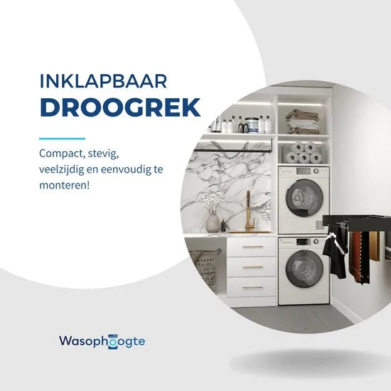 Wasophoogte® Wanddroogrek - Wandmontage Droogrek - Inklapbaar Droogrek - Muurdroogrek - Wasrek hangend - 100cm - 6m Drooglengte - Zwart