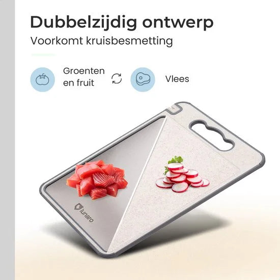 Lunaro 100% Titanium Snijplank Dubbelzijdig - PFAS-vrij - Cutting Board - Sapgeul - Met Raspdeel en Messenslijper
