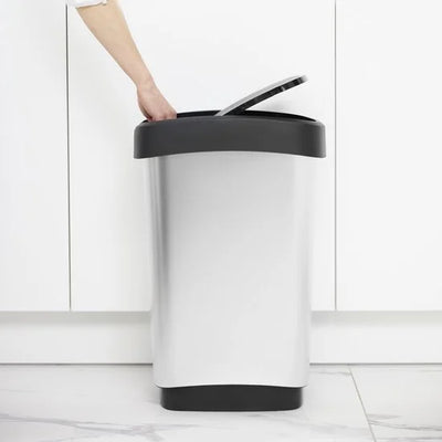 Rotho Twist afvalbak met swingdesksel 50L - zilvermetaalkleurig - BPA-vrij - incl 6 sticker voor diverse afvalstromen