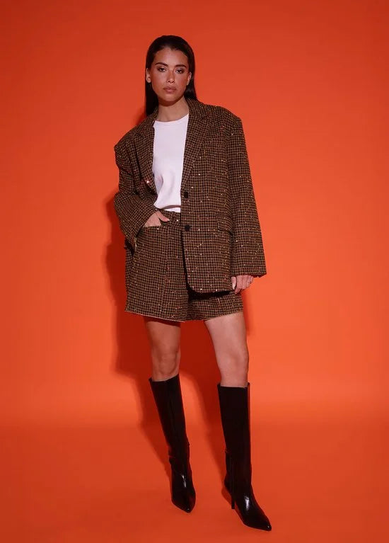 Studio Amaya Midnight blazer geruit met pailletten bruin