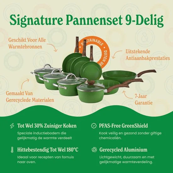 Cook & Pan - Pannenset 9-delig - PFAS vrij - Inductie Keramisch - Non stick - 7 jaar garantie - Groen