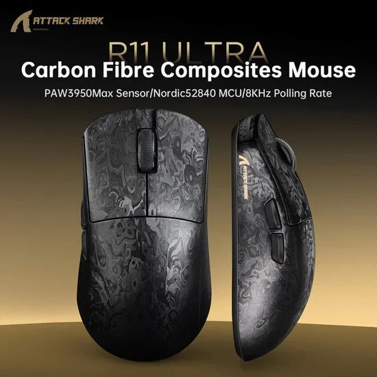 ATTACK SHARK R11 ULTRA Gaming Muis - Draadloos - Carbon Fiber - 8K Hz Polling Rate - PAW3950MAX Sensor - Zwart