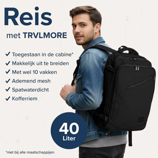 TRVLMORE 40L Reistas - Handbagage Rugzak - Rugtas - Weekendtas - Spatwaterdicht - Dames en Heren - Zwart