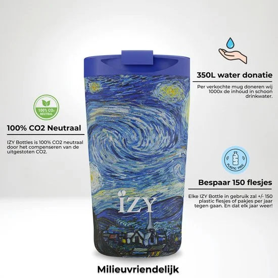 IZY Drinkfles - Van Gogh - Starry Night - Inclusief donatie - Koffiebeker to go - Thermosbeker - RVS - 6 uur lang warm - 350 ml