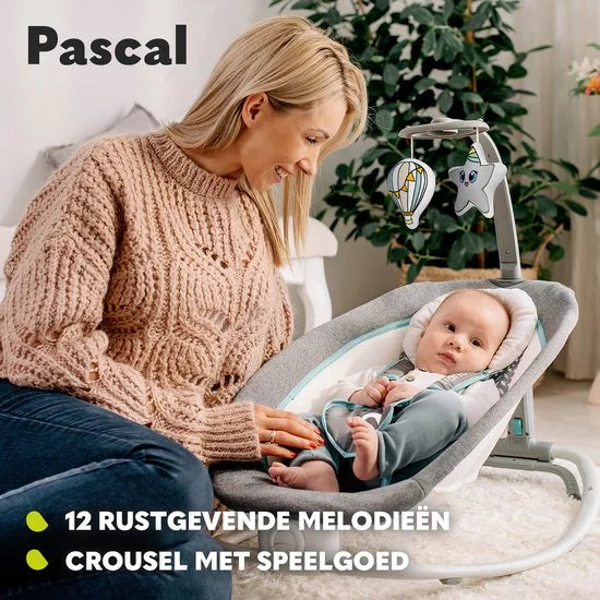 Lionelo Pascal - Baby Wipstoel & Bouncer - met Zachte Trillingen - 12 Melodieën - Verstelbare Rugleuning - Speelboog met Speelgoed - 5-Puntsgordel -