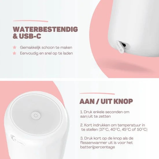 Vulpes Goods® BabyCare - Flessenwarmer Pro - Draagbare Baby Flessenwarmer voor Onderweg - Intelligente Flesverwarmer - 4 Temperatuurniveaus - Draadlo