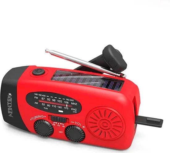 AFINTEK Noodradio Solar - 2000mAh Powerbank - LED Zaklamp - Opwindbaar via Handcrank & Zonne-energie - AM/FM - Voor Noodpakket & Camping - Rood