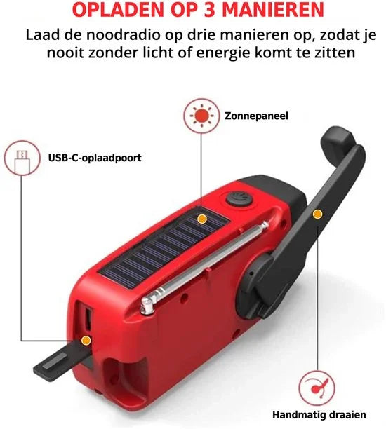 AFINTEK Noodradio Solar - 2000mAh Powerbank - LED Zaklamp - Opwindbaar via Handcrank & Zonne-energie - AM/FM - Voor Noodpakket & Camping - Rood