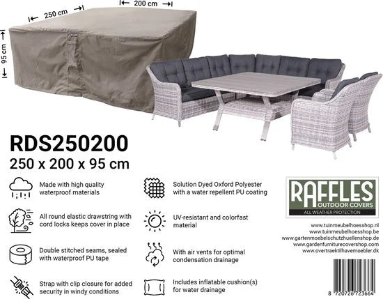 Raffles Covers Tuinsethoes - 250 x 200 H: 95 cm - RDS250200high - Waterdicht - Ademend - UV-bestendig - Elastisch rijgkoord - Beschermhoes tuinmeubel