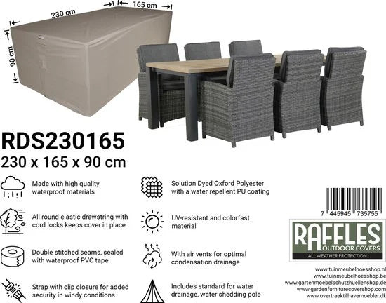 Raffles Covers Tuinsethoes - 230 x 165 H: 90 cm - RDS230165 - Waterdicht - Ademend - UV-bestendig - Elastisch rijgkoord - Beschermhoes tuinmeubelen -