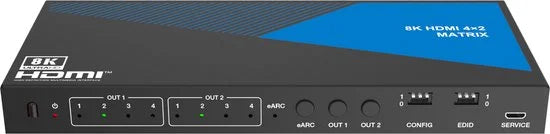 Nördic 8K HDMI 2.1 eARC/ARC Matrix Switch - 4 in 2 uit - Audio Extractor met Toslink & Stereo - HDMI CEC, Dolby Atmos, DTS-HD