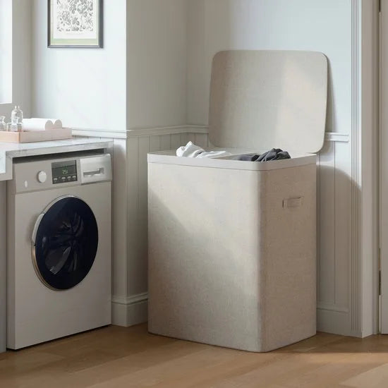 MAZAZU Wasmand 2 Vakken 100L – Deksel & Wassorteerder met Uitneembare Zakken - Beige