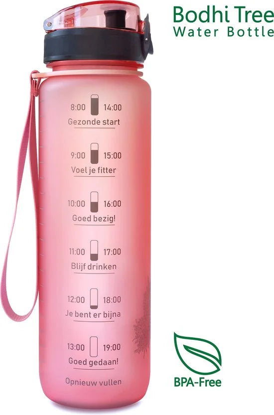 Bodhi Tree® Motivatie Waterfles 1 Liter - Tijdmarkeringen Nederlands - 100% Lekvrij - BPA vrij - Motivatiefles 1l - Motiverende Drinkfles - Roze