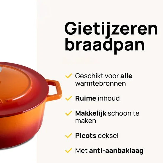 MOA Gietijzeren Braadpan - 7,2L Stoofpot - Voor Alle Warmtebronnen incl. Inductie - Met Deksel - Ø 30cm - Anti-Aanbaklaag - PFAS-vrij - Oranje