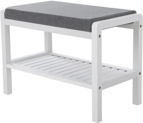Bamboe Zitbank - 60 x 43 x 32 cm - Wit en Grijs - Met Zitkussen en Schoenenrek