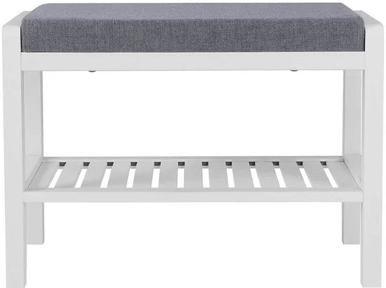 Bamboe Zitbank - 60 x 43 x 32 cm - Wit en Grijs - Met Zitkussen en Schoenenrek