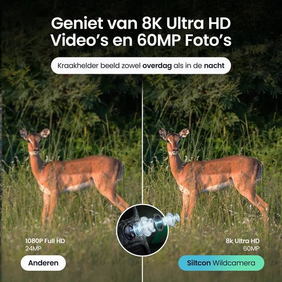 Siltcon® Wildcamera met Zonnepaneel Oplaadbaar - 8K Ultra HD & 60MP - Wildcamera met Nachtzicht en WiFi - No-Glow - Wildcamera Voor Buiten - Nachtzic