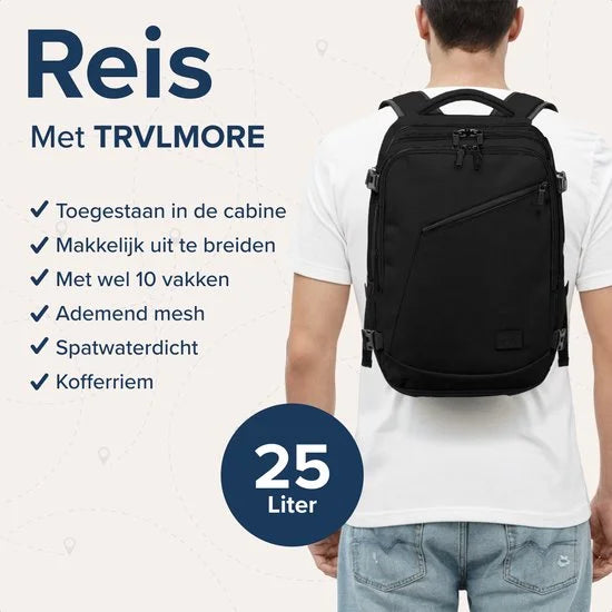 TRVLMORE 25L Reistas - Handbagage Rugzak - Underseater - Rugtas - Past Binnen 40x30x20 - Weekendtas - Spatwaterdicht - Dames en Heren - Zwart
