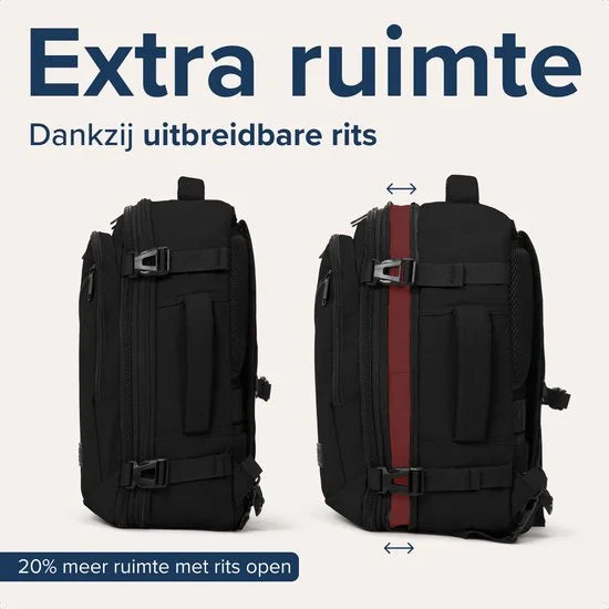 TRVLMORE 25L Reistas - Handbagage Rugzak - Underseater - Rugtas - Past Binnen 40x30x20 - Weekendtas - Spatwaterdicht - Dames en Heren - Zwart